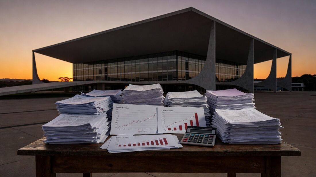 Congresso Nacional em Brasília com documentos simbolizando projeto de distritos criativos e tecnológicos engavetado