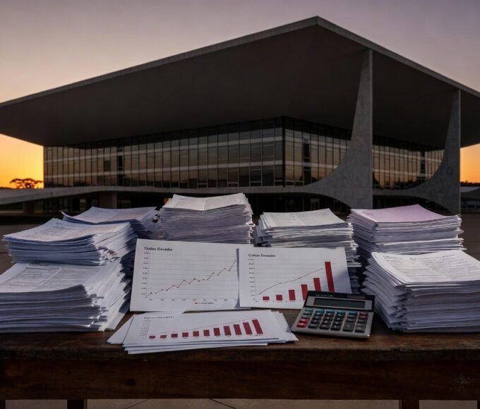 Congresso Nacional em Brasília com documentos simbolizando projeto de distritos criativos e tecnológicos engavetado