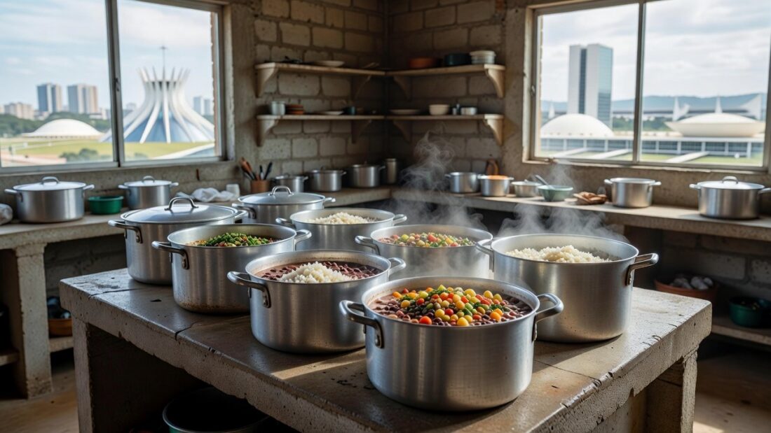Mesas com refeições em praça de Brasília para programa de alimentação à população de rua