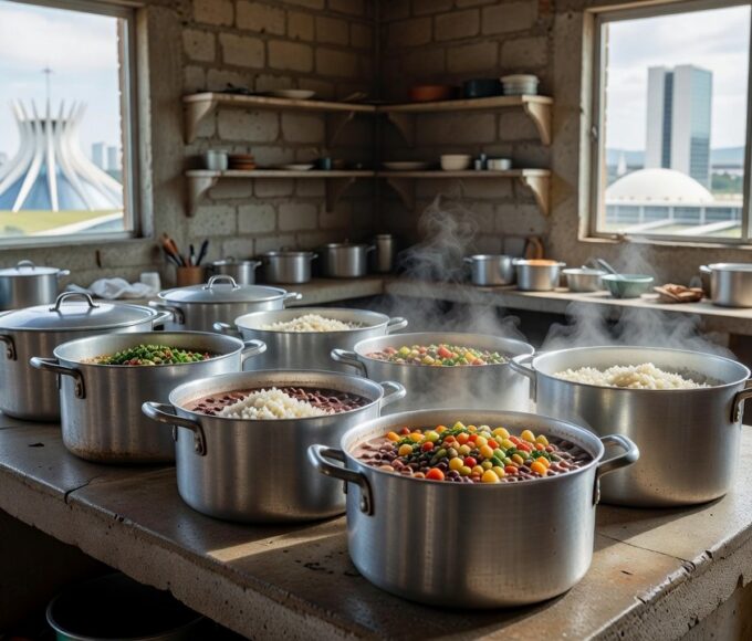 Mesas com refeições em praça de Brasília para programa de alimentação à população de rua