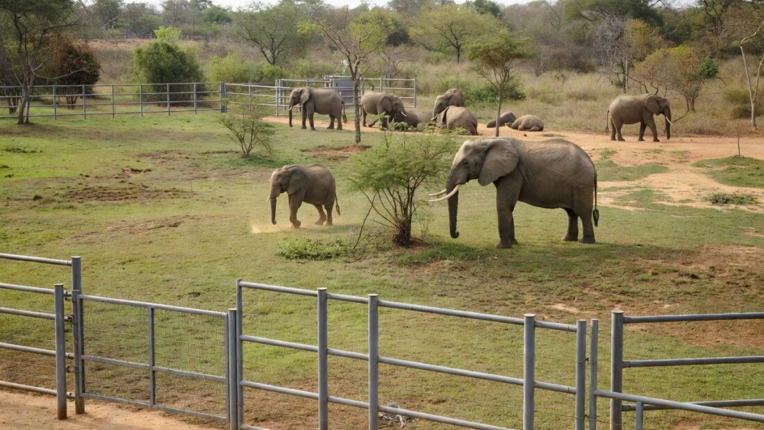 Recinto de elefantes no Zoológico de Brasília com cercas e habitat natural