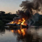 Incêndio em lancha no Lago Sul de Brasília com fumaça na água