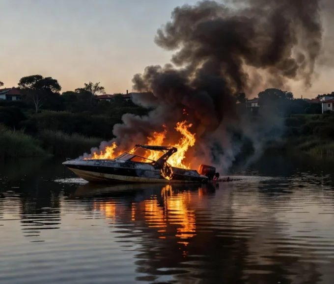 Incêndio em lancha no Lago Sul de Brasília com fumaça na água