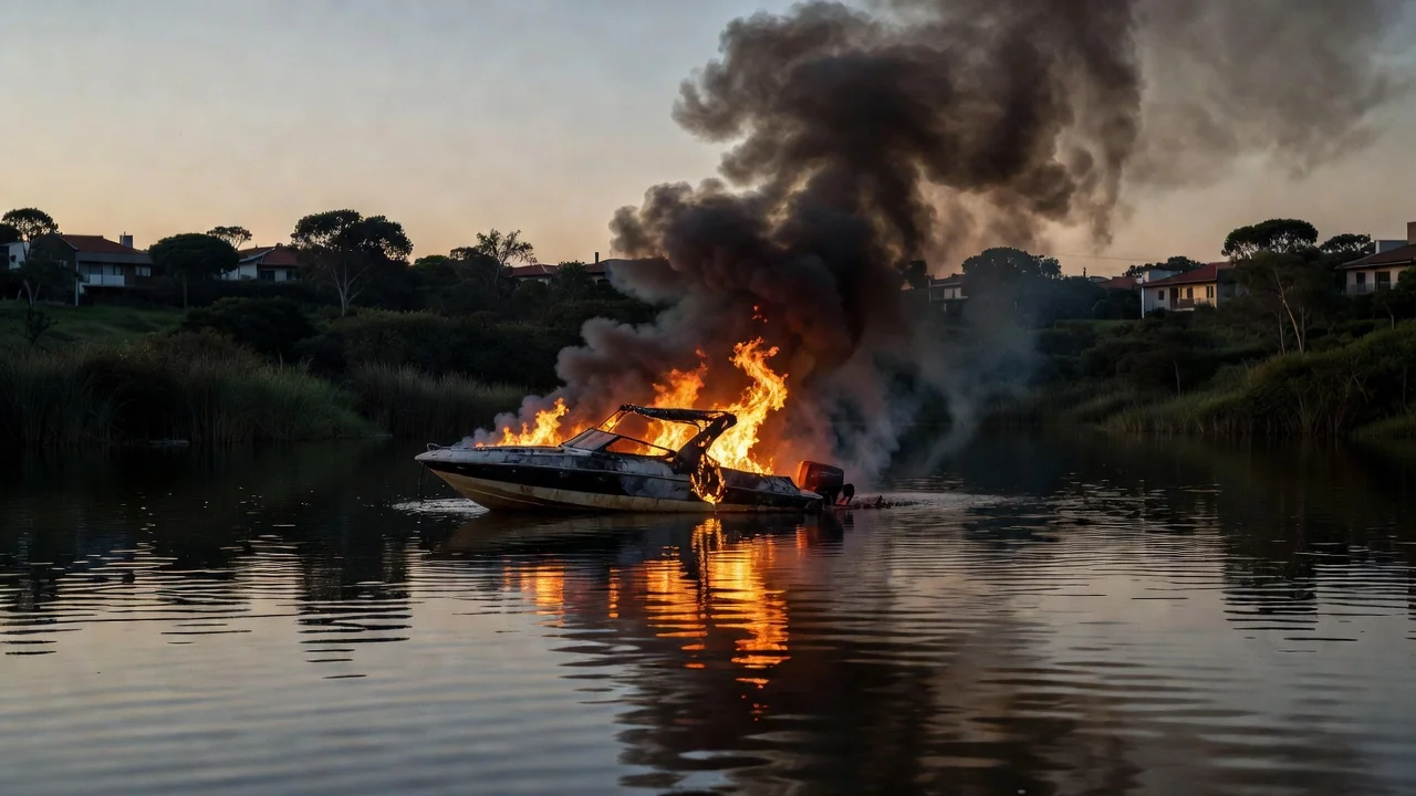 Incêndio em lancha no Lago Sul de Brasília com fumaça na água