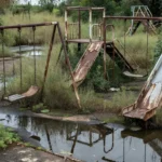 Parquinho abandonado em Samambaia Sul com equipamentos enferrujados e foco de dengue