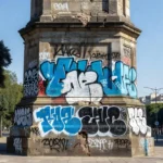 Monumento público vandalizado com pichações no Brasil