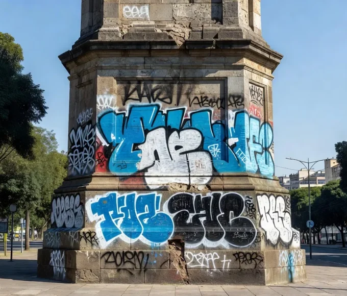 Monumento público vandalizado com pichações no Brasil