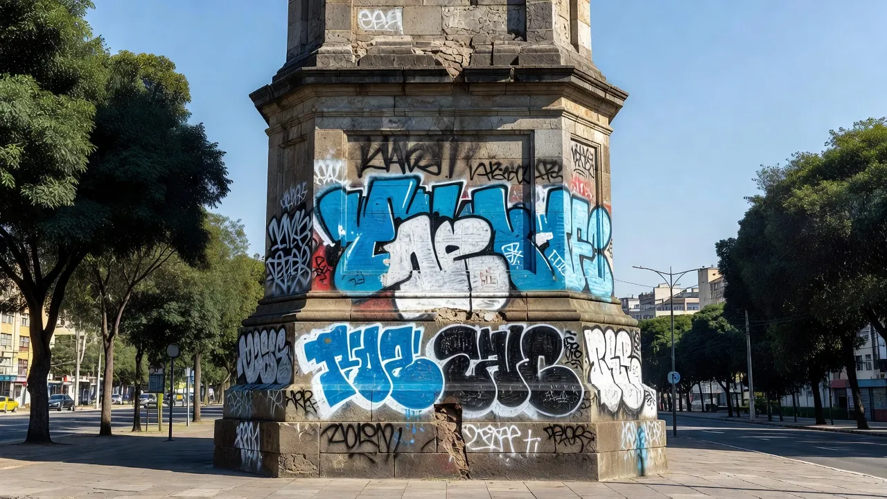 Monumento público vandalizado com pichações no Brasil