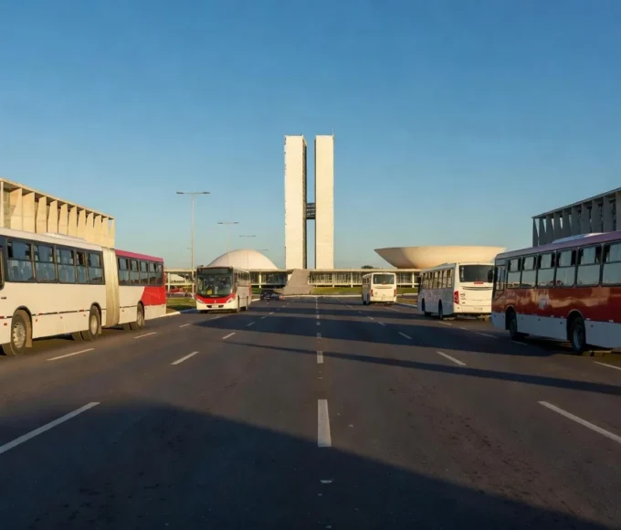 Ônibus urbano em avenida brasileira simbolizando transporte público estudantil