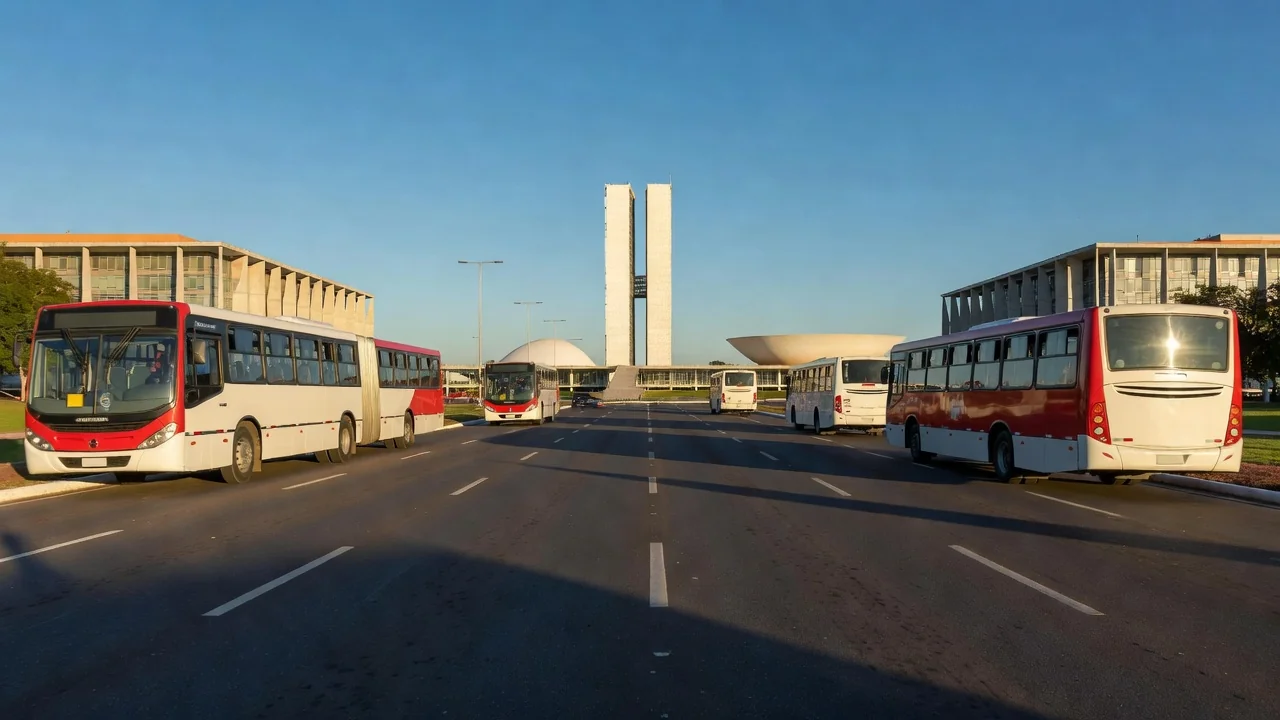 Ônibus urbano em avenida brasileira simbolizando transporte público estudantil