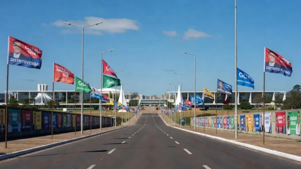 Campanha de rua em Brasília com bandeiras e cartazes para o GDF