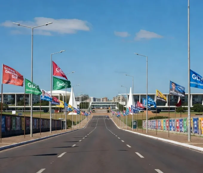 Campanha de rua em Brasília com bandeiras e cartazes para o GDF