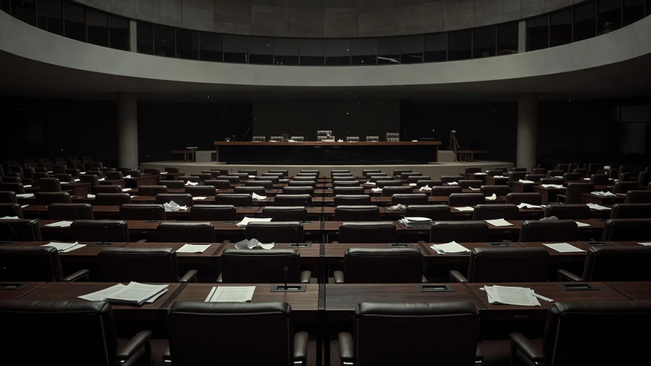 Plenário vazio da Câmara dos Deputados em Brasília simbolizando ausências de parlamentares