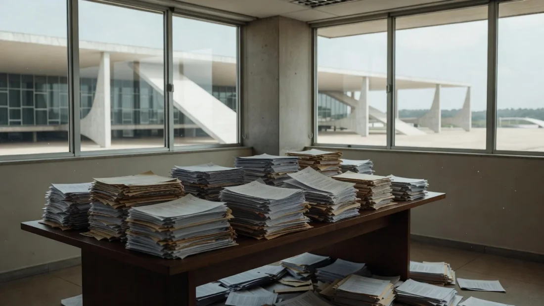 Documentos acumulados em sala do Congresso Nacional em Brasília representando atraso em emendas parlamentares do PPA