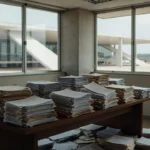 Documentos acumulados em sala do Congresso Nacional em Brasília representando atraso em emendas parlamentares do PPA