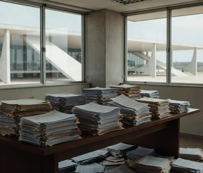 Documentos acumulados em sala do Congresso Nacional em Brasília representando atraso em emendas parlamentares do PPA