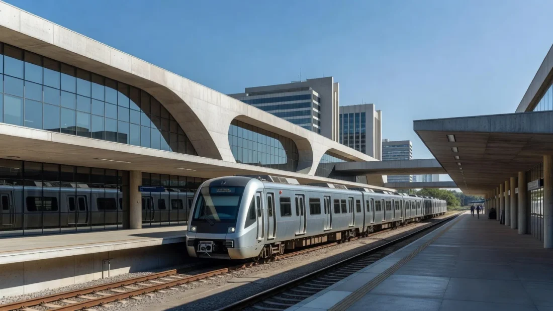 Estação de metrô em Brasília com trens e arquitetura moderna, relacionada a candidatura política.