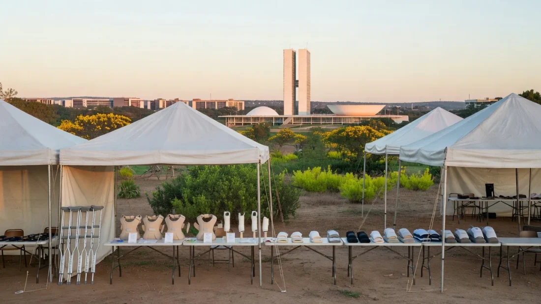 Feira de saúde no DF com tendas e equipamentos ortopédicos, skyline de Brasília ao fundo