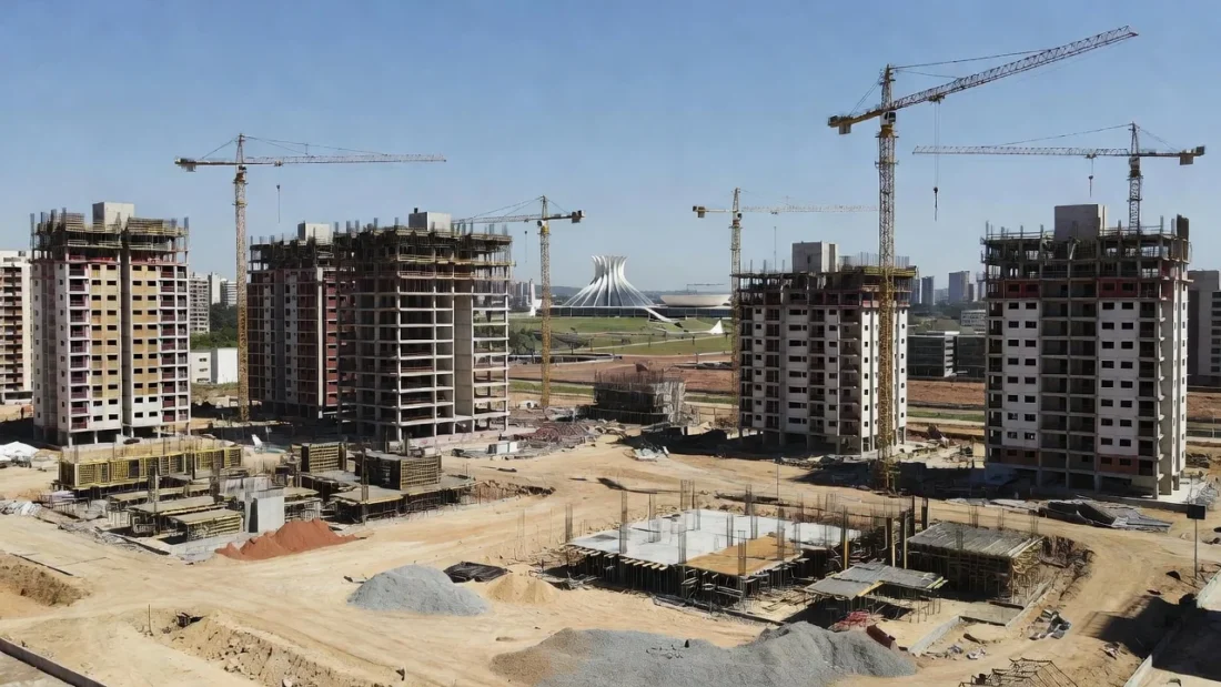 Canteiro de obras com novos edifícios residenciais em construção em Brasília, representando o mercado imobiliário do DF.