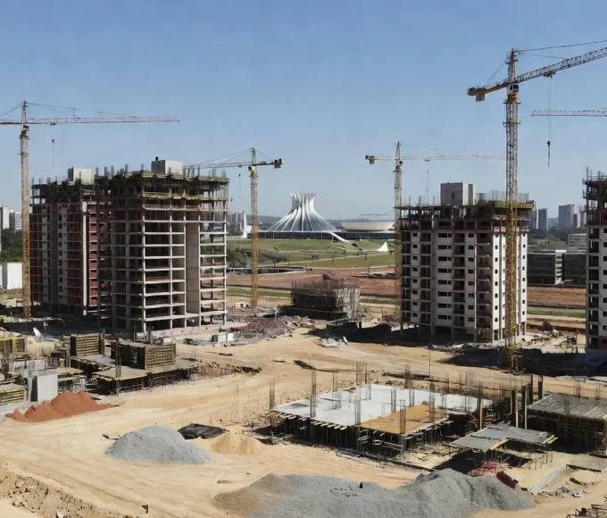 Canteiro de obras com novos edifícios residenciais em construção em Brasília, representando o mercado imobiliário do DF.