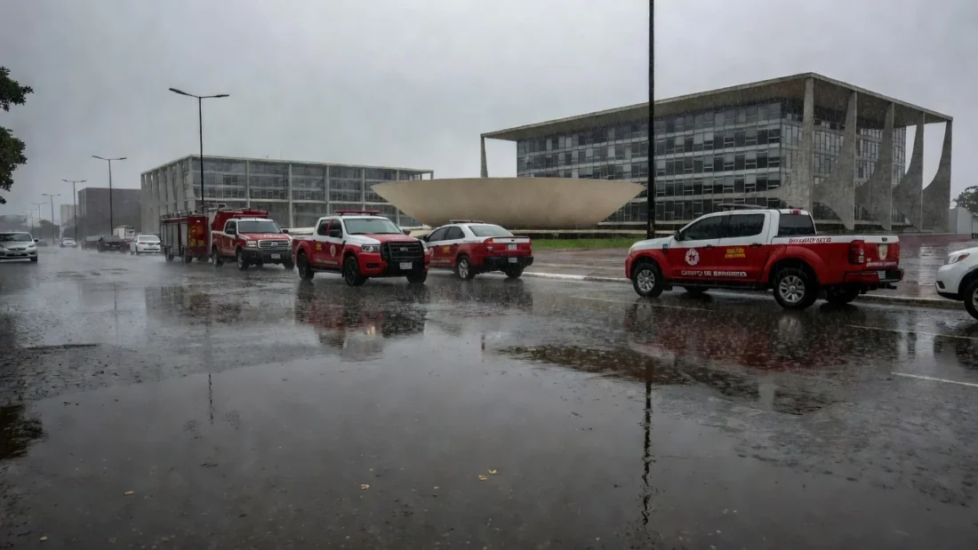 Viaturas do Corpo de Bombeiros em rua alagada em Brasília após chuvas