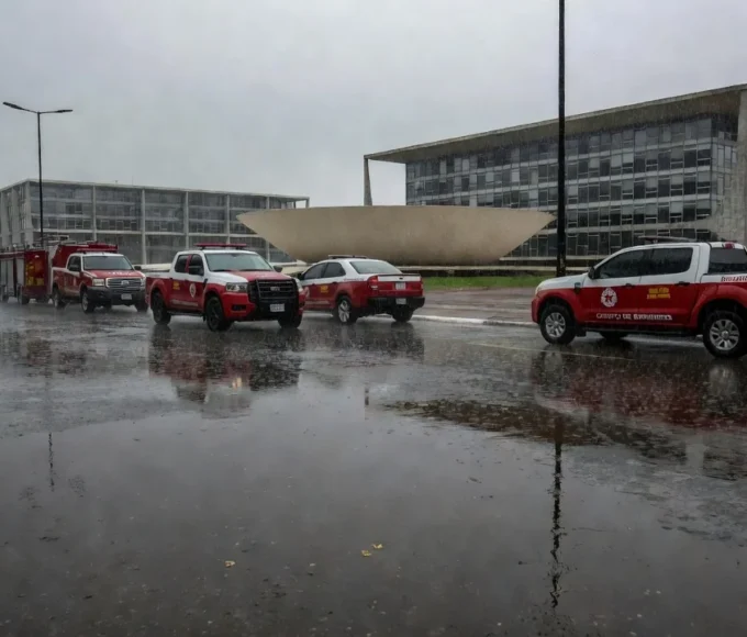 Viaturas do Corpo de Bombeiros em rua alagada em Brasília após chuvas