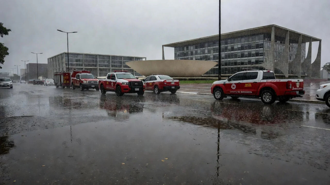 Viaturas do Corpo de Bombeiros em rua alagada em Brasília após chuvas