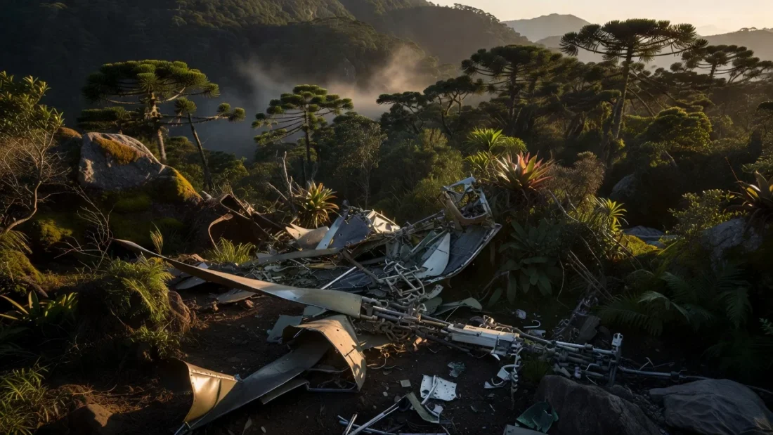 Destroços de helicóptero em área montanhosa de Santa Catarina após queda