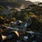 Destroços de helicóptero em área montanhosa de Santa Catarina após queda