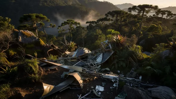 Destroços de helicóptero em área montanhosa de Santa Catarina após queda