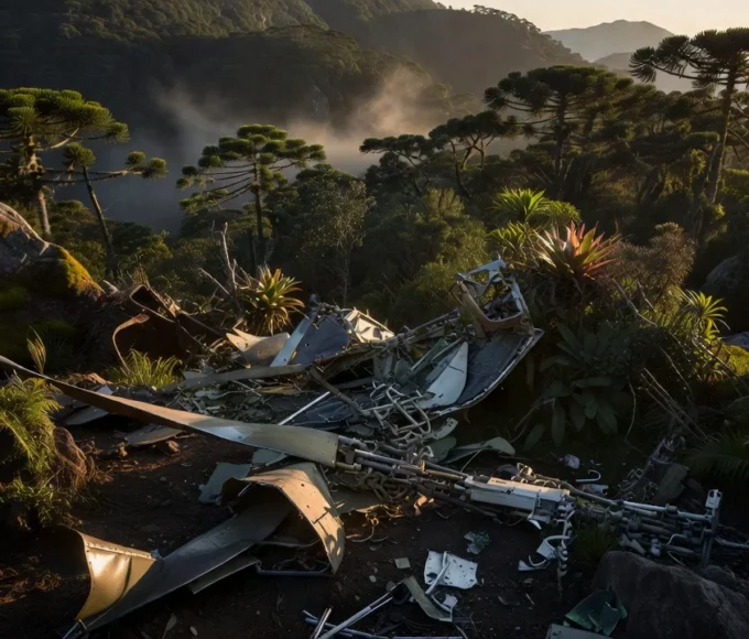 Destroços de helicóptero em área montanhosa de Santa Catarina após queda