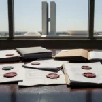Documentos judiciais e Congresso Nacional simbolizando investigação do TCDF sobre irregularidades no BRB
