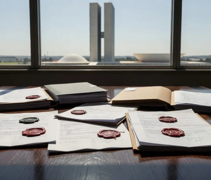 Documentos judiciais e Congresso Nacional simbolizando investigação do TCDF sobre irregularidades no BRB