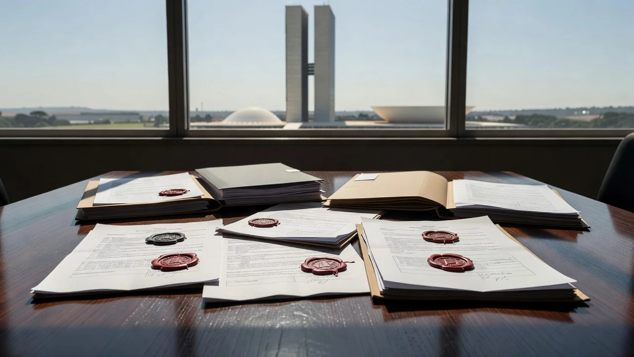 Documentos judiciais e Congresso Nacional simbolizando investigação do TCDF sobre irregularidades no BRB