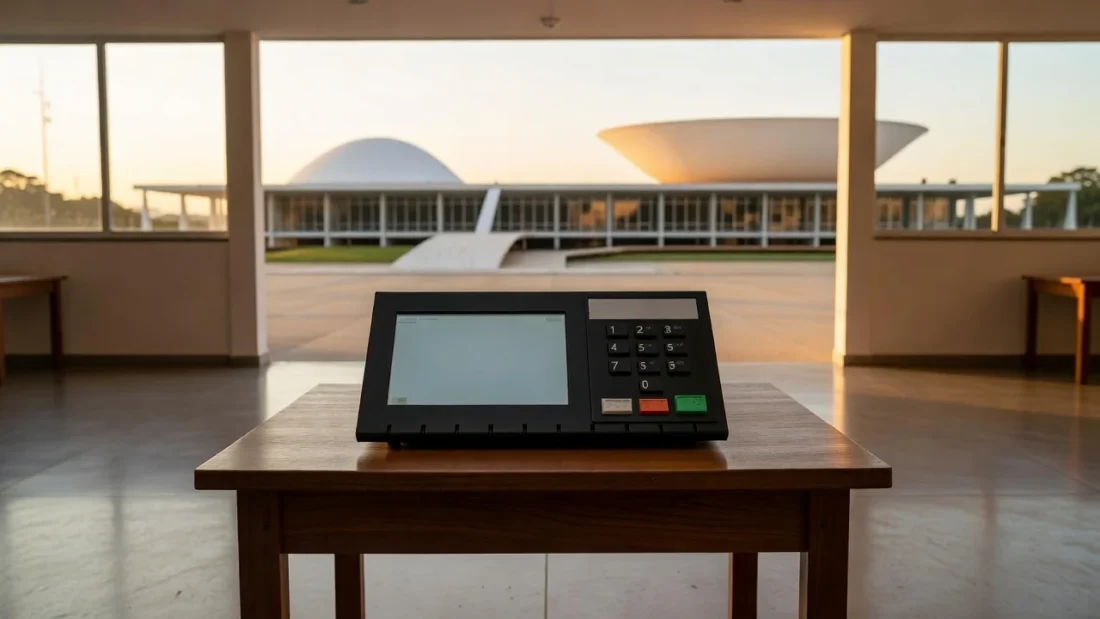 Urna eletrônica em seção eleitoral no DF com Congresso Nacional ao fundo