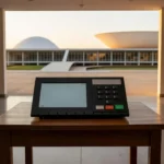Urna eletrônica em seção eleitoral no DF com Congresso Nacional ao fundo