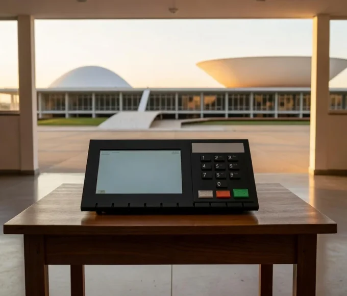 Urna eletrônica em seção eleitoral no DF com Congresso Nacional ao fundo