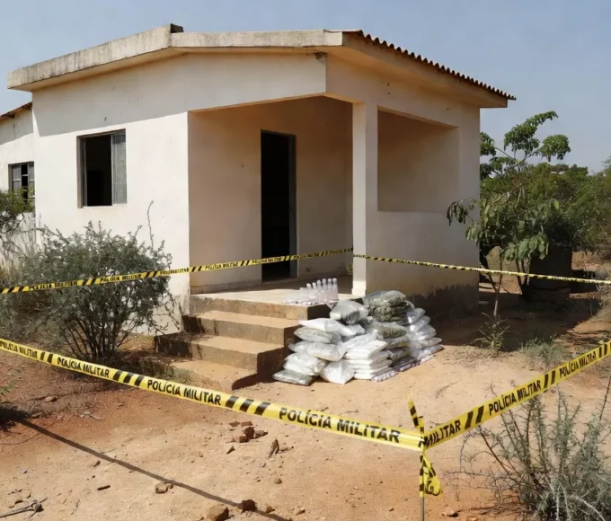 Casa em Samambaia Norte com fitas policiais e drogas apreendidas pela PM