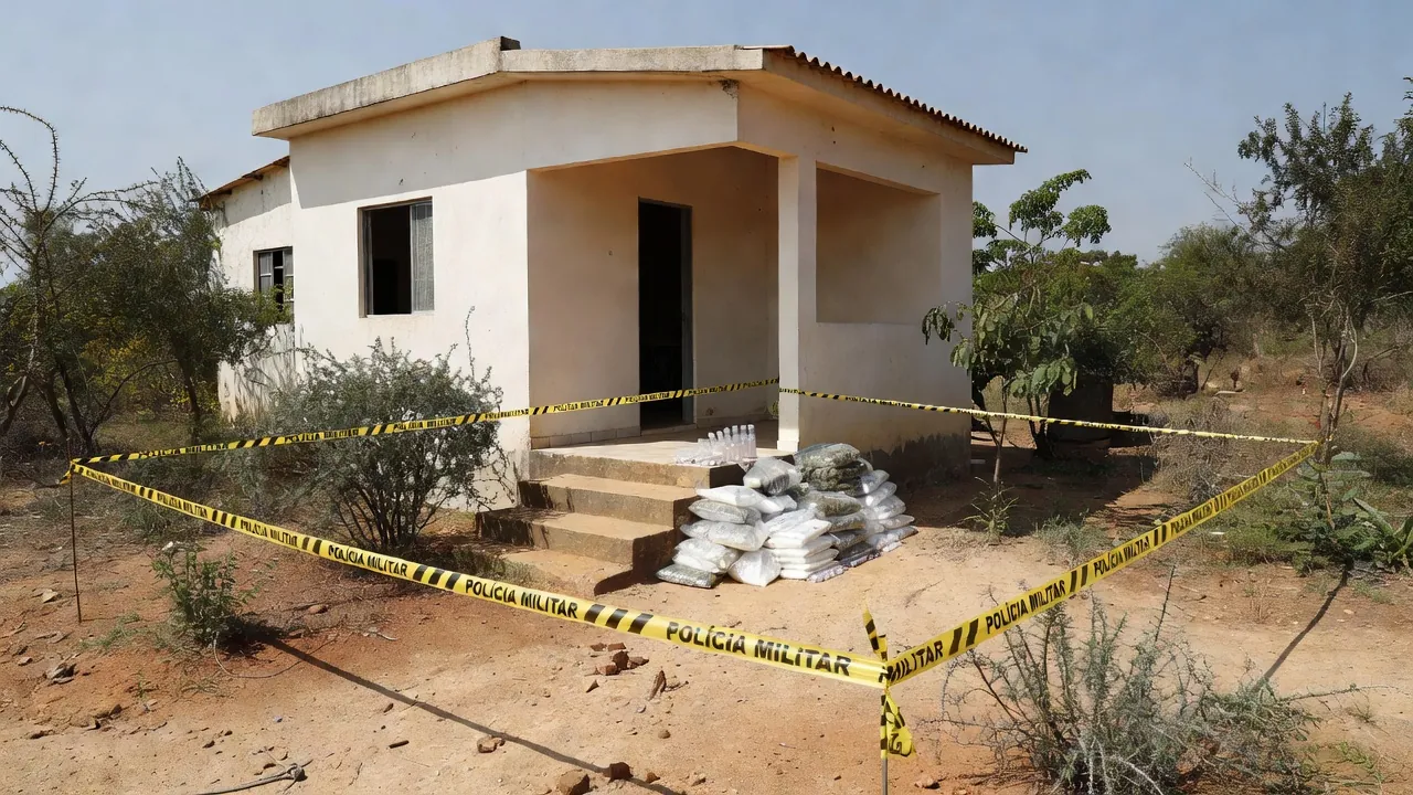 Casa em Samambaia Norte com fitas policiais e drogas apreendidas pela PM
